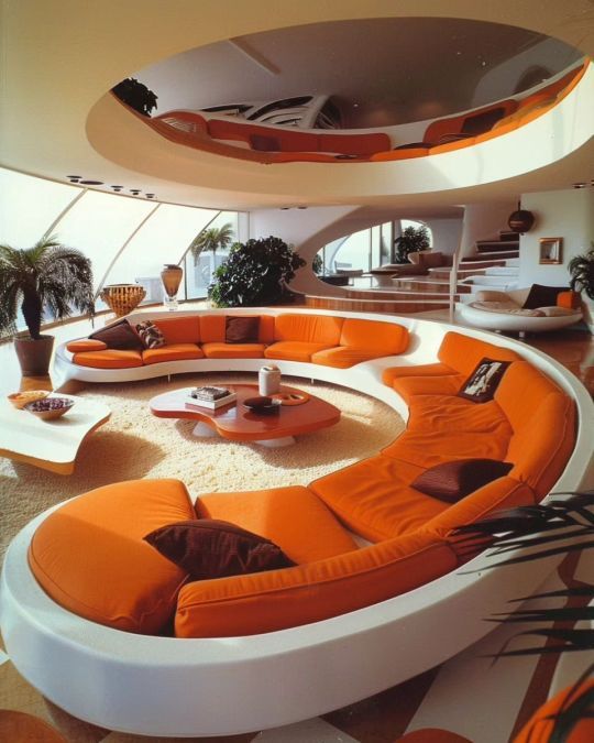 an orange and white living room with circular couches