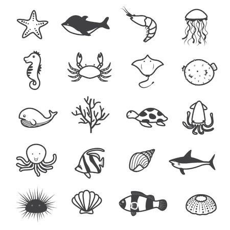 various sea animals and fish are shown in this black and white image, including an octopus,