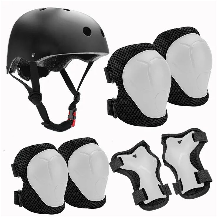 protective gear for skateboarders including helmet, elbow pads and knee pads with straps