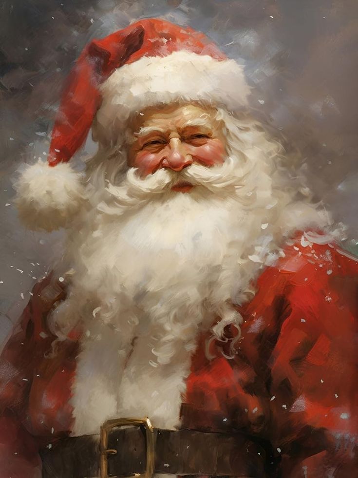 a painting of a santa claus with snow falling on his face and chest, in front of a gray background