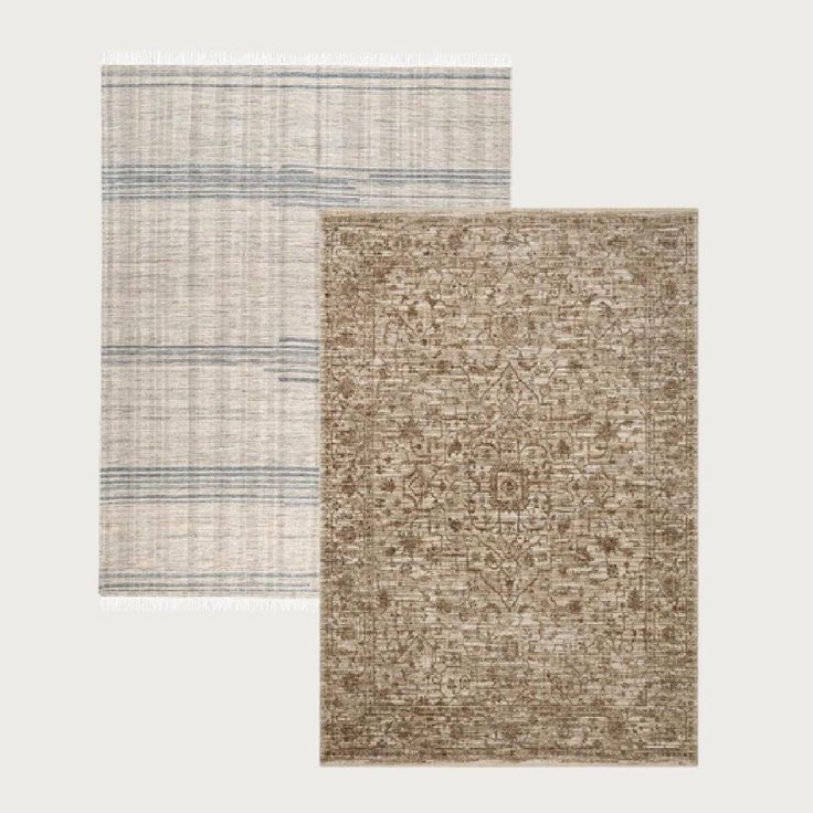 two rugs with different patterns and colors on them, one in beige and the other in blue