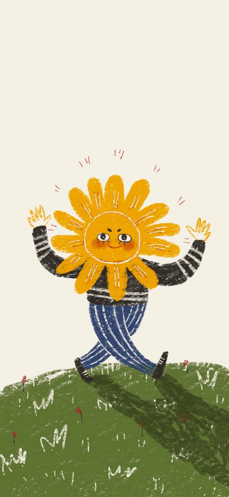 a drawing of a sunflower on top of a green hill with its hands in the air