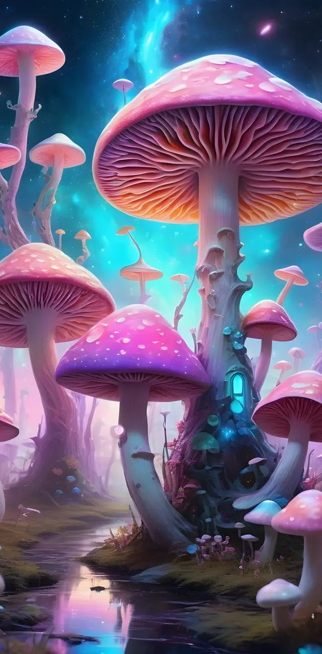 a group of mushrooms that are sitting in the grass near water and stars on the sky