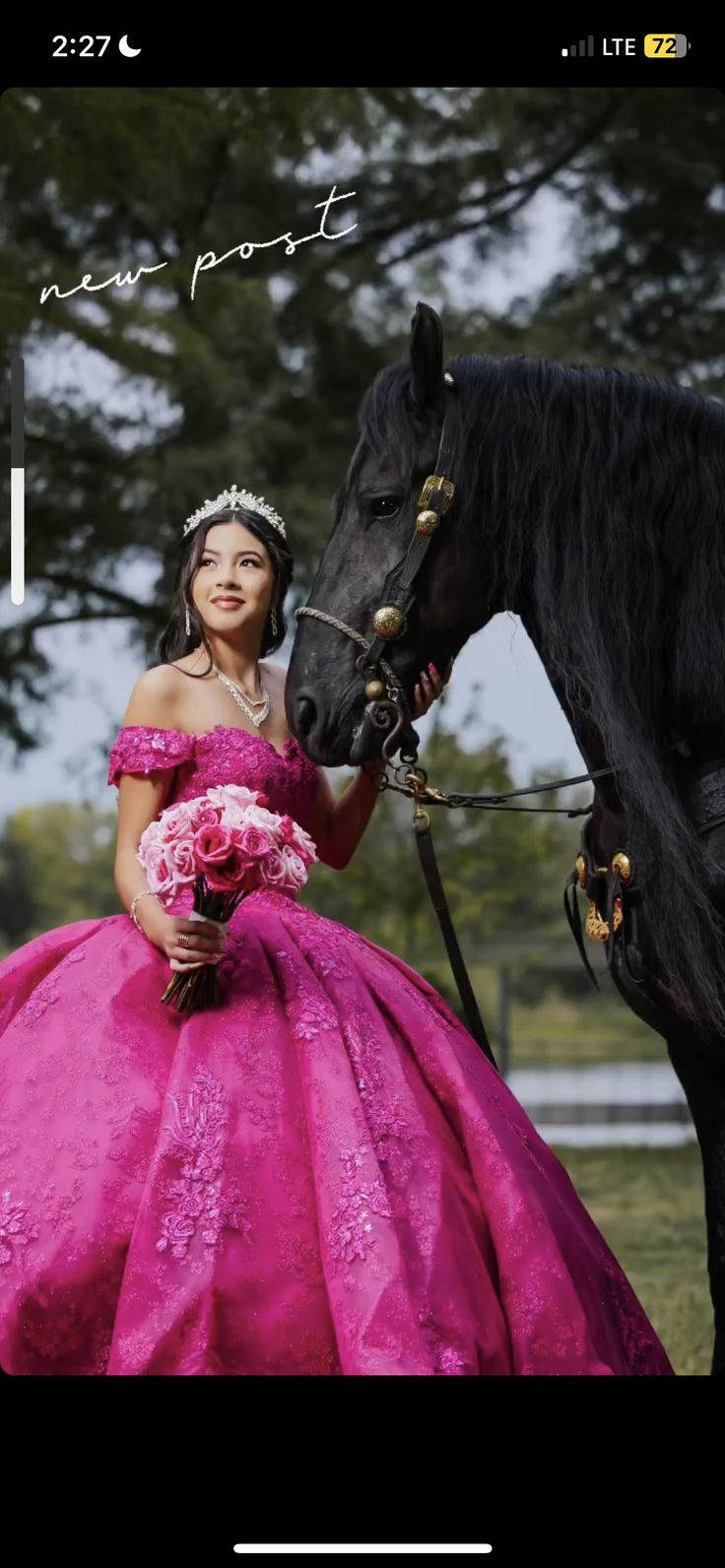 a woman in a pink dress standing next to a horse