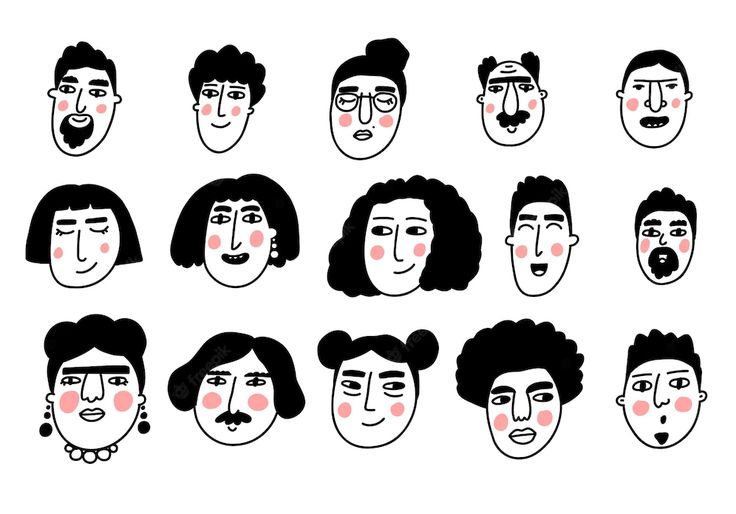 the faces of people with different facial expressions and haircuts, drawn in black and white