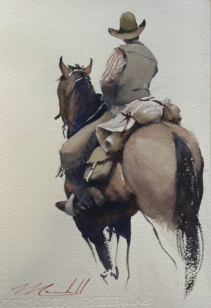 a painting of a man on a horse wearing a cowboy hat and sitting on it's back