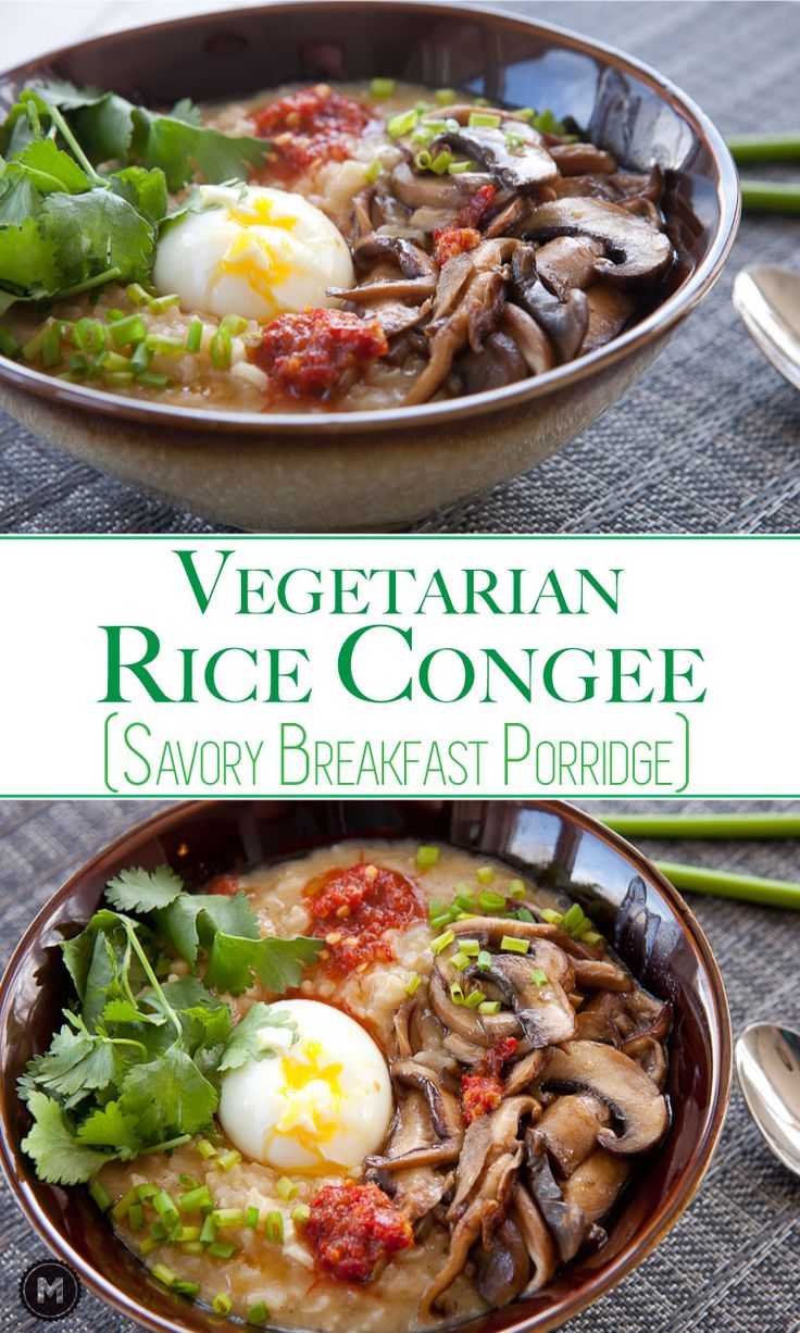 the cover of vegetarian rice congee by savory breakfast porridger, featuring mushrooms and eggs