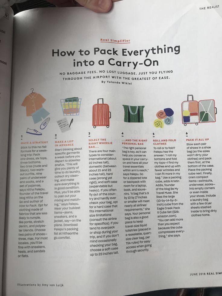 an open book showing how to pack everything into a carry - on