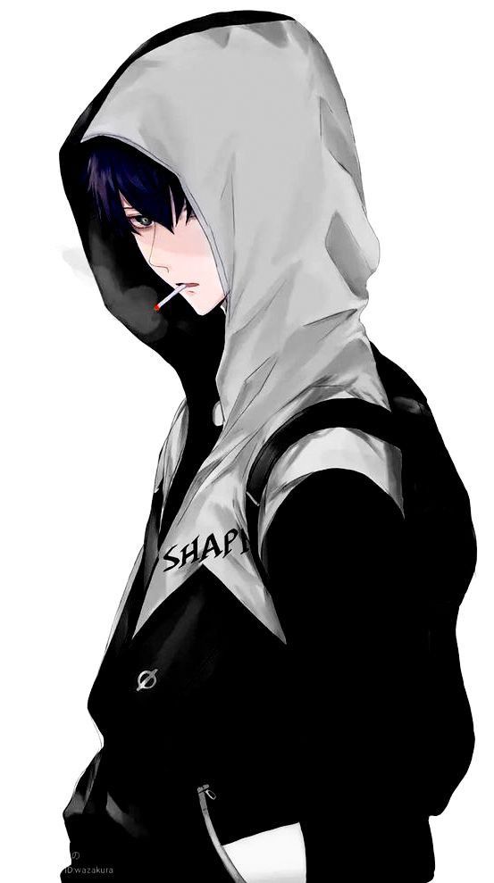 an anime character wearing a hoodie and holding his hands on his hips, looking down