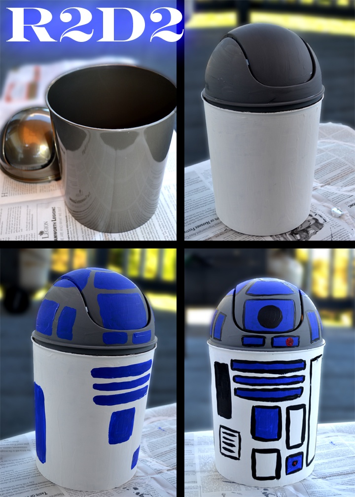 four different pictures of star wars themed items including a coffee cup and a r2d2 cookie jar