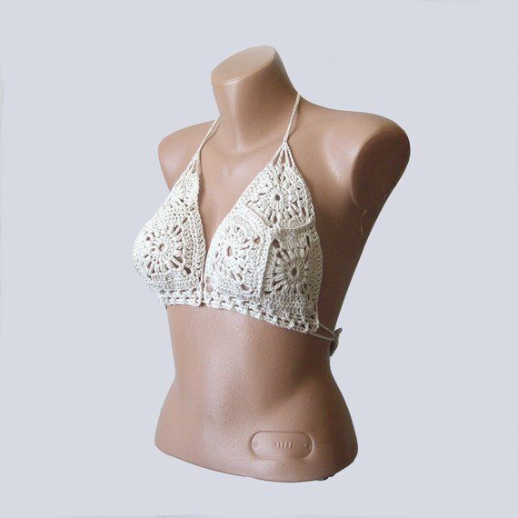 Crochet bralette - Lace bralette - Cream triangle bikini top - Halter bralette - Festival clothing - Beach Lace Crop Top With Built-in Bra, Bohemian Triangle Halter Top With Stretch, Bohemian Stretch Triangle Halter Top, Summer Festival Halter Top, Bra-friendly, Summer Festival Bra-friendly Halter Top, Summer Festival Halter Top, Bra Friendly, Summer Festival Bra Friendly Halter Top, Bohemian Bra-friendly Halter Top For Summer, Bohemian Halter Top Bra Friendly For Summer