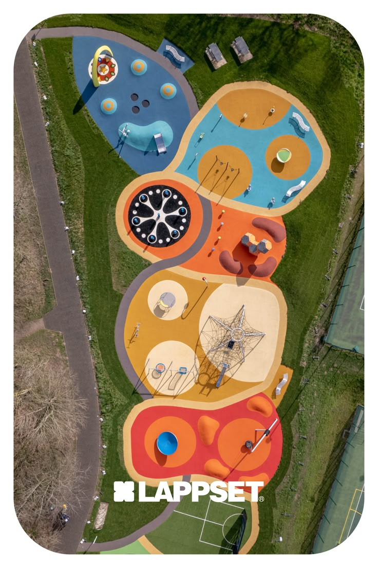 an aerial view of a playground in the park