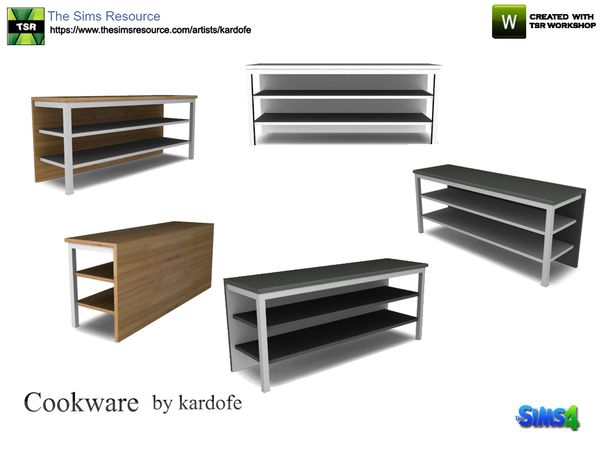 four different types of shelving units with the words cookware by kardie