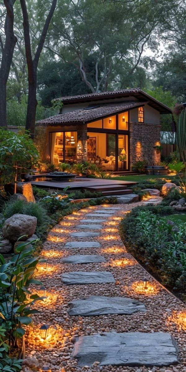 a stone path leading to a house surrounded by trees and bushes with lights on it