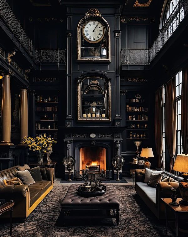 a living room filled with lots of furniture and a clock on top of the wall