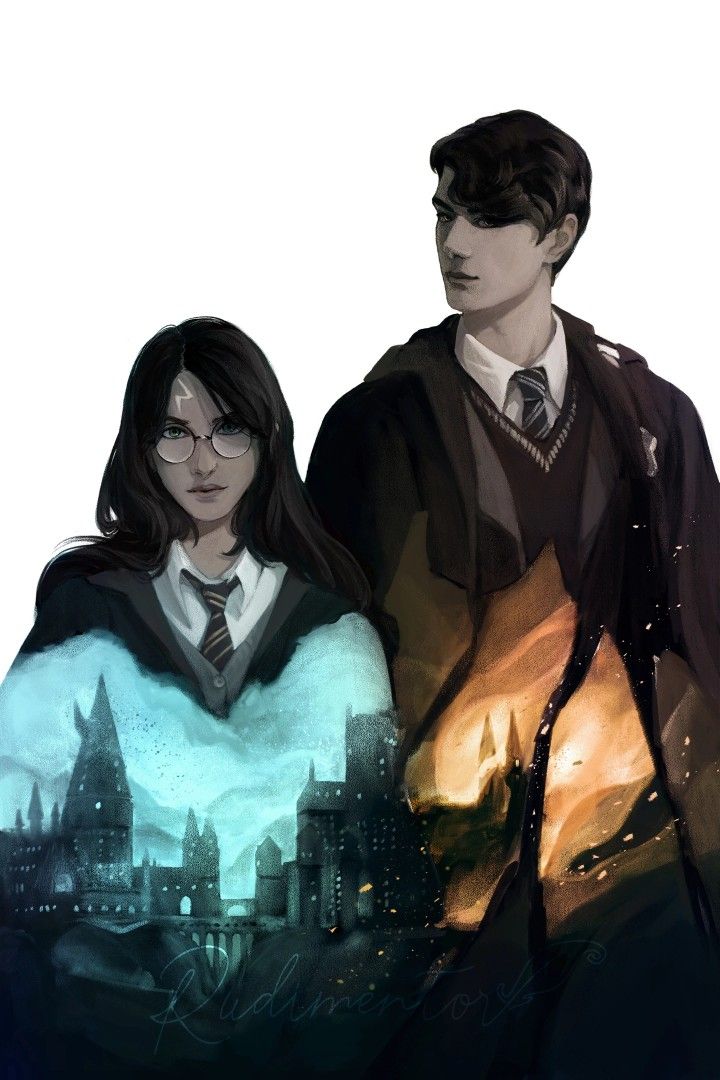 two people standing next to each other in front of a cityscape with harry potter on it