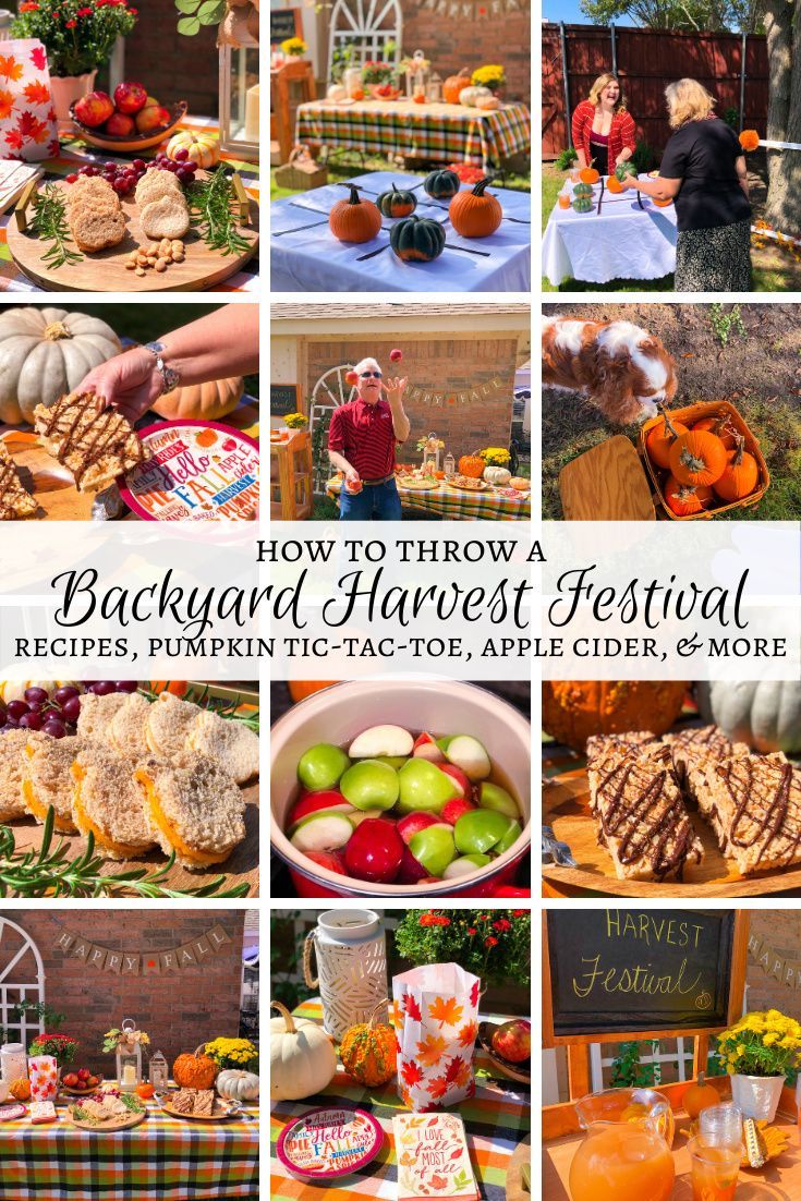 several pictures of different foods and drinks on a table with the words how to throw a backyard harvest festival