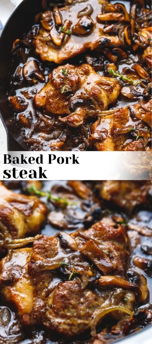 baked pork steak with mushrooms and onions in a skillet on the stove, before and after being cooked