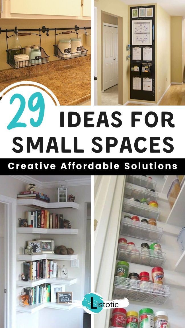 several small spaces with open shelving in them and the words 29 ideas for small spaces below