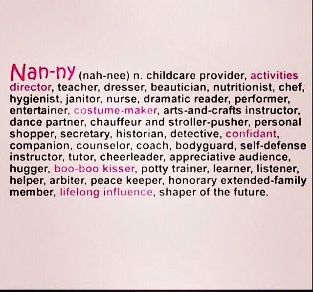 the words nanny are written in pink and purple on a white background with black lettering