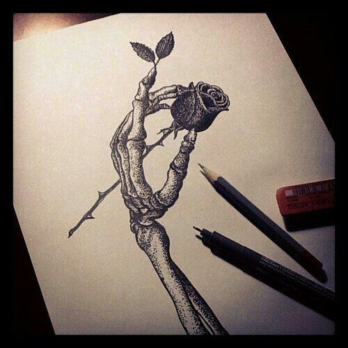 a pencil drawing of a tree branch with a rose on it