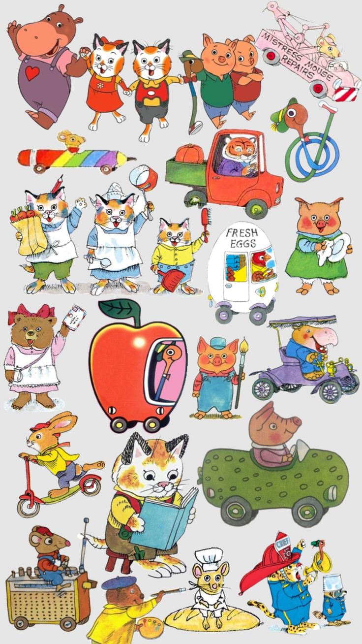 an image of children's pictures with animals and cars on them, all in different colors