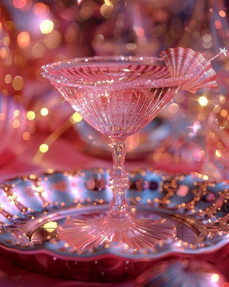 a pink glass sitting on top of a metal tray next to other plates and glasses