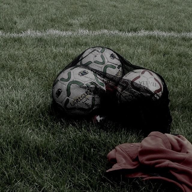 two soccer balls sitting in the grass next to a bag