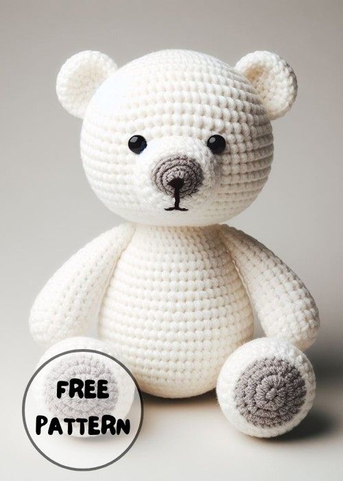 a crocheted white teddy bear sitting on top of a gray background with the words free pattern below it