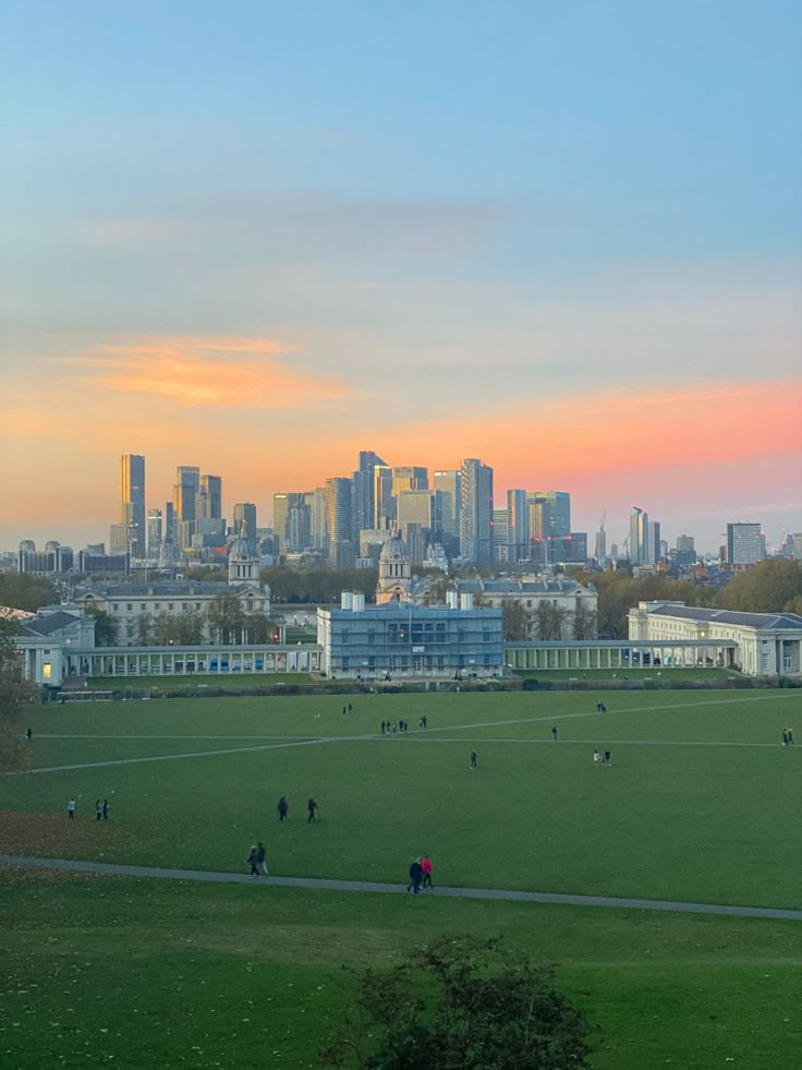 people are playing soccer in a field with the cityscape in the back ground