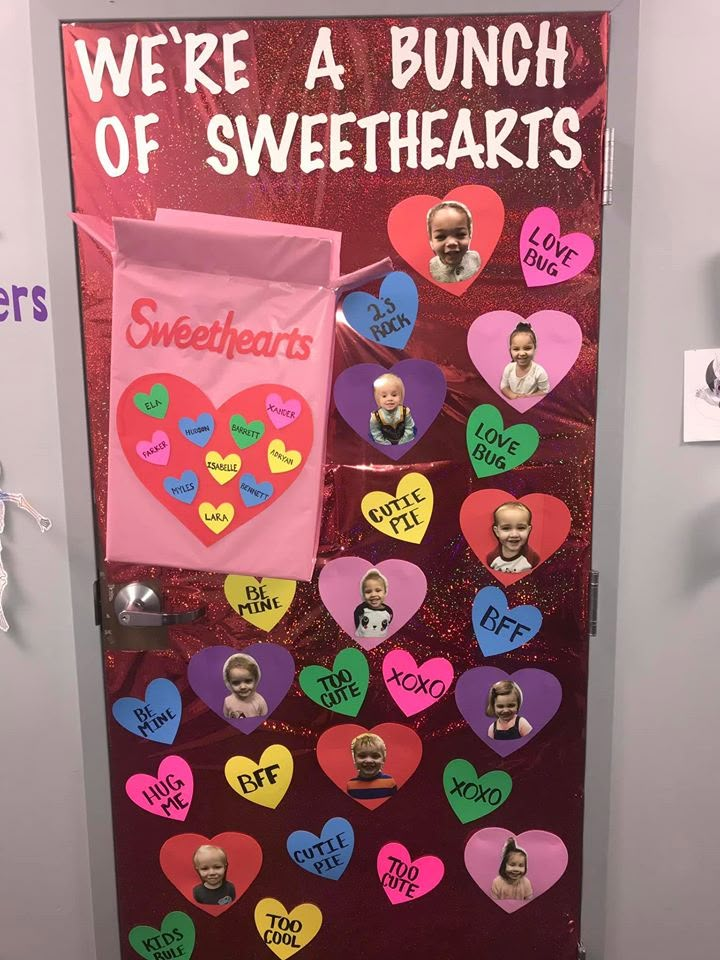 a door decorated with heart shaped magnets and saying we're a bunch of sweethearts