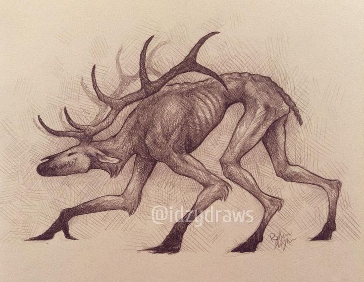 a drawing of an animal with large antlers on it's back and legs