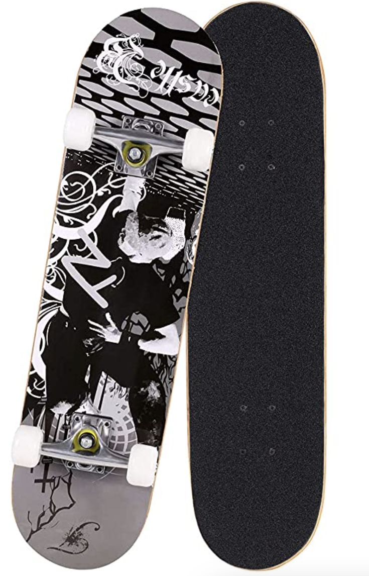 a skateboard with black and white designs on it's bottom half is upside down