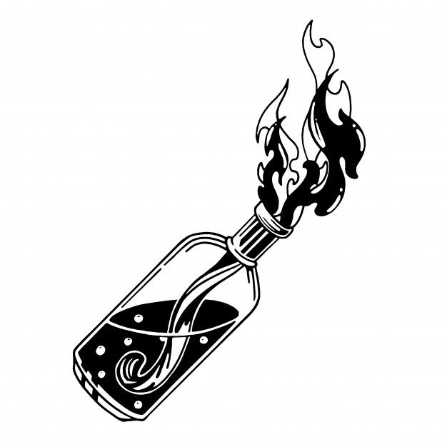 a black and white drawing of a bottle with flames coming out of it's side