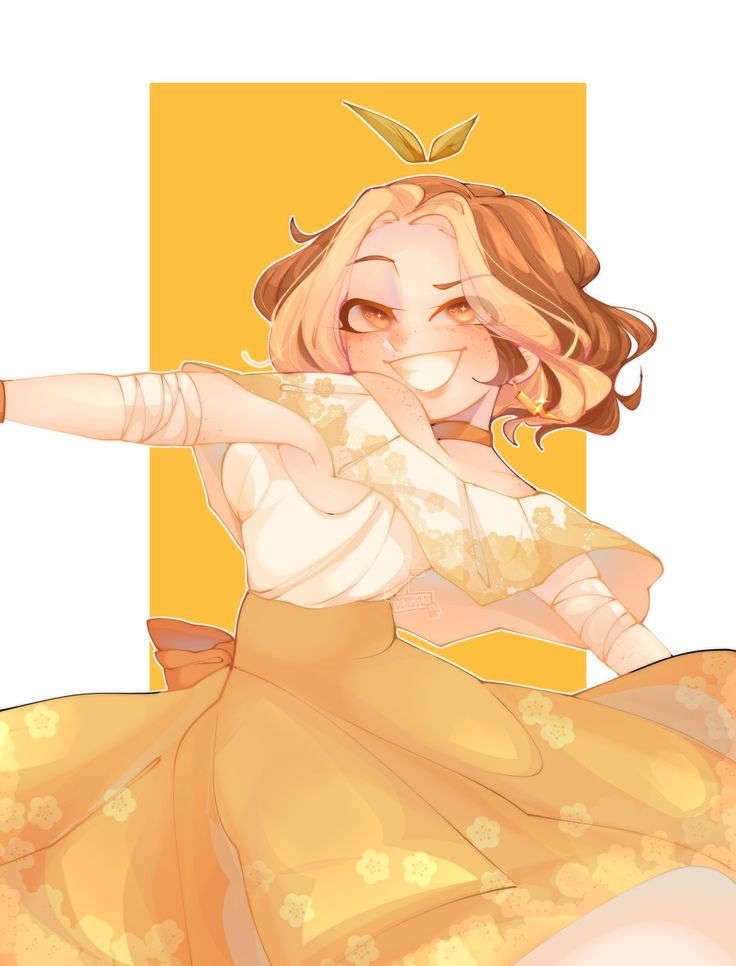 a drawing of a girl in a yellow dress with a butterfly on her head and arms outstretched