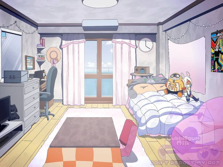 a cartoon bedroom with a bed, desk and television in the corner next to a window