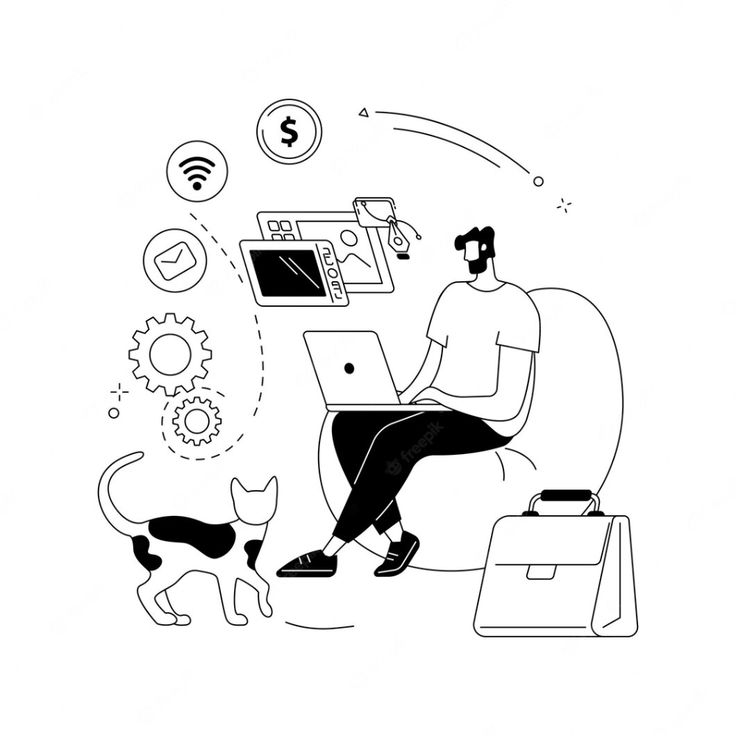 a person sitting on a chair with a cat and laptop in front of them, surrounded by icons