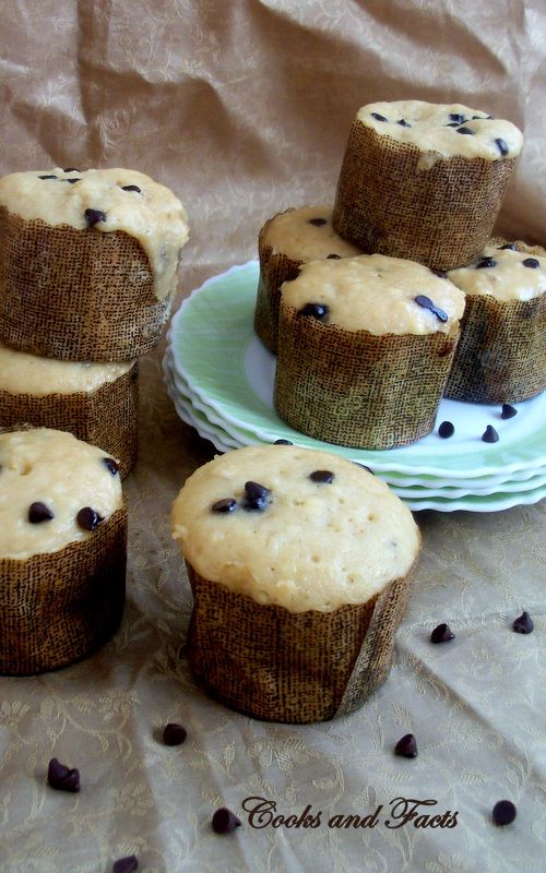 chocolate chip muffins with frosting on a plate