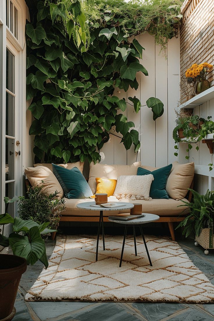 a living room with couches and plants on the outside wall, next to an open door