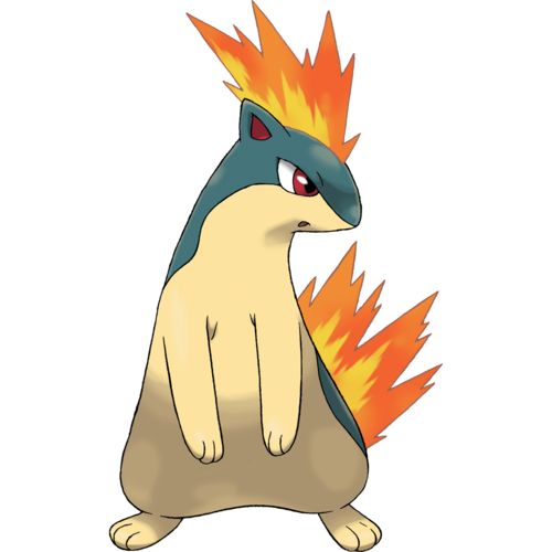 the pokemon is sitting down with fire on his head