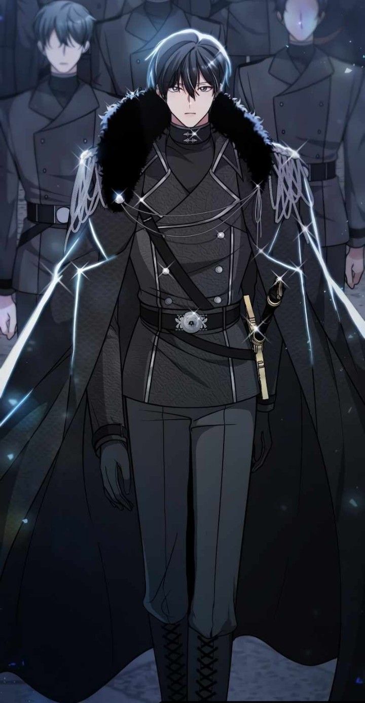 an anime character with long black hair, wearing a fur coat and standing in front of other characters