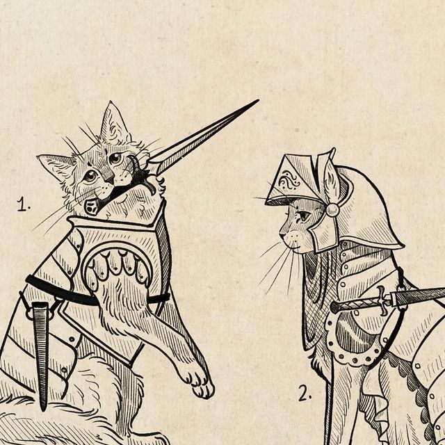 an old drawing of two cats dressed as knights