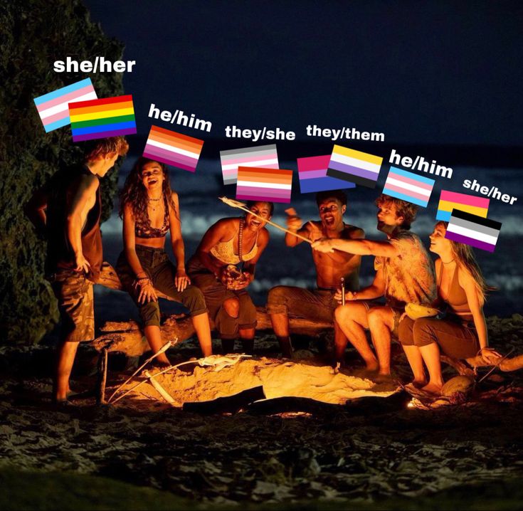 people sitting around a campfire with flags on their heads and the words heim theyisste thyrhem behind them