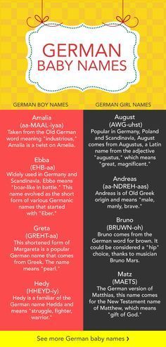 the german baby names and their meanings are shown in red, yellow, and black