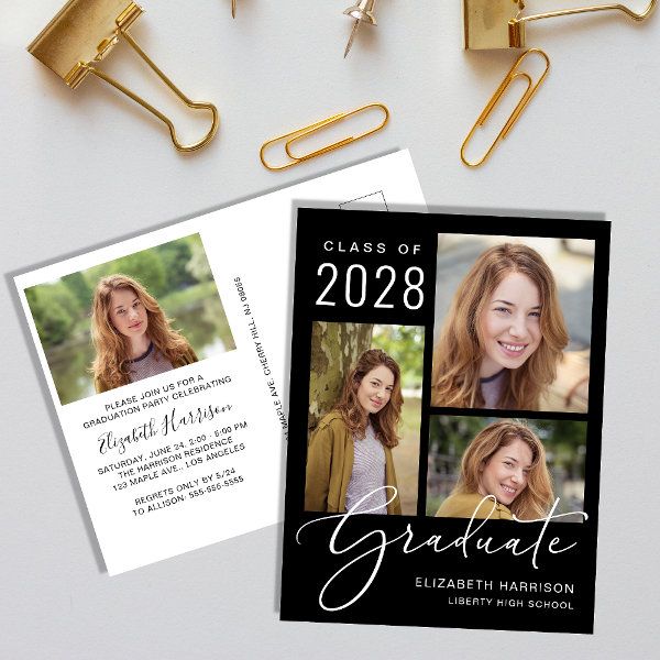 the graduation announcement card is next to some paper clips