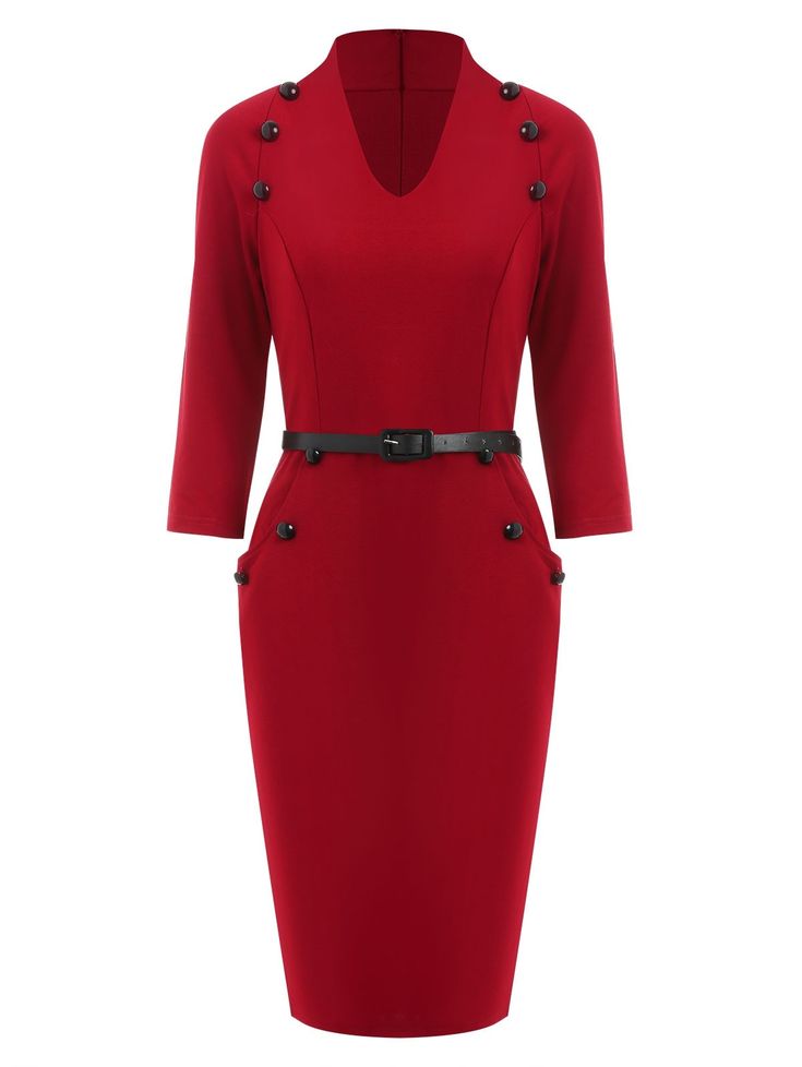 V Neck Buttoned Sheath Dress - Cherry Red - 3N06458913 - Women's Clothing, Dresses, Work Dresses  #WorkDresses #Women's #Clothing # #Dresses # #Work #Dresses Cheap Dresses Casual, Cherry Dress, Dresses Cheap, Work Dresses, Business Casual Dresses, Long Sleeve Casual Dress, Work Dress, Sammy Dress, Black Dresses Casual