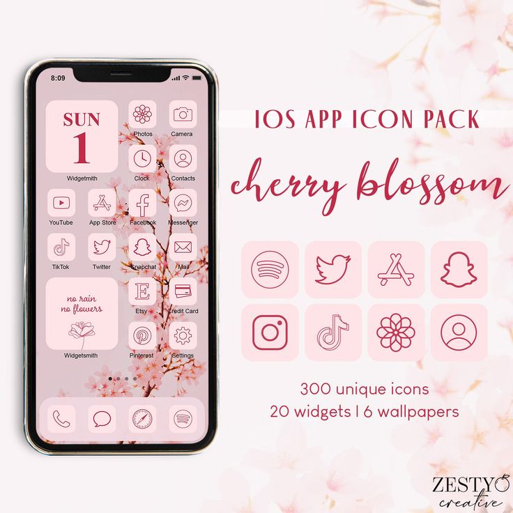 the cherry blossom icon pack is displayed on an iphone with pink flowers in the background