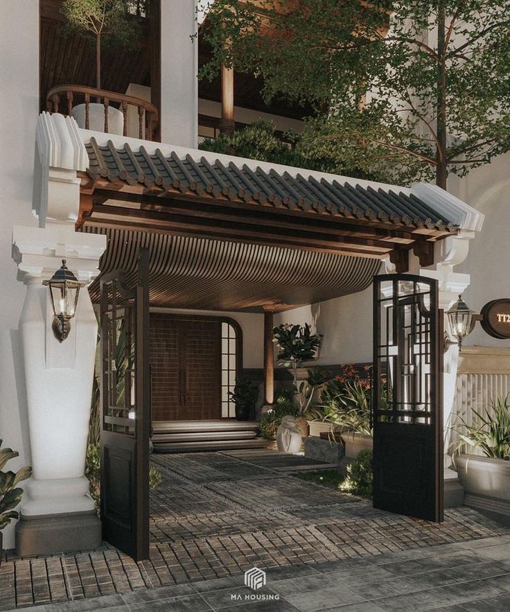 an entrance to a building with potted plants