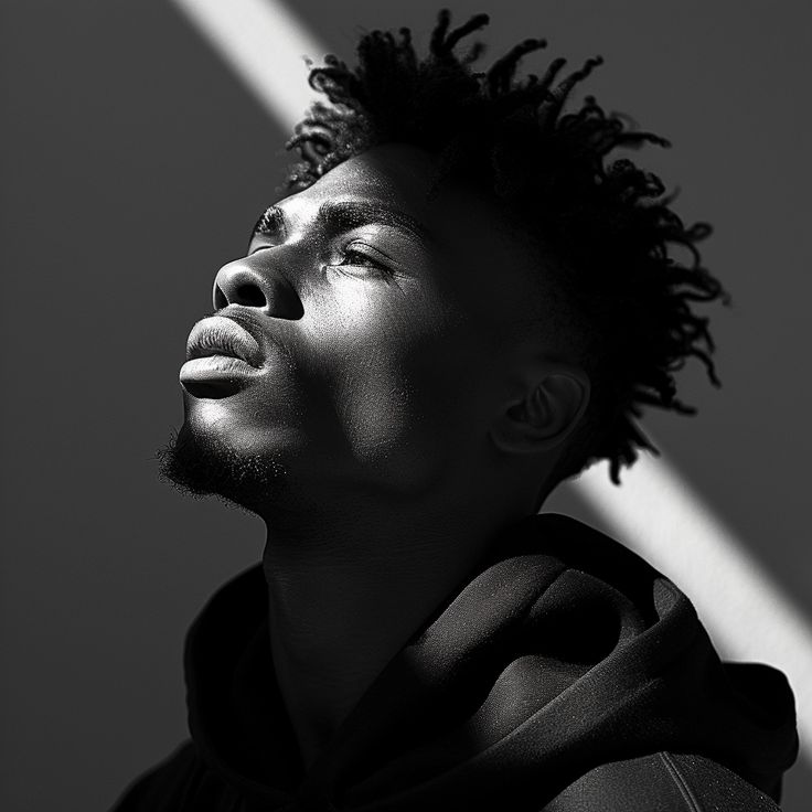 a black and white photo of a man with dreadlocks looking up at the sky