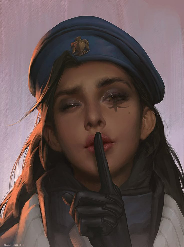 a painting of a girl in uniform holding a finger to her lips